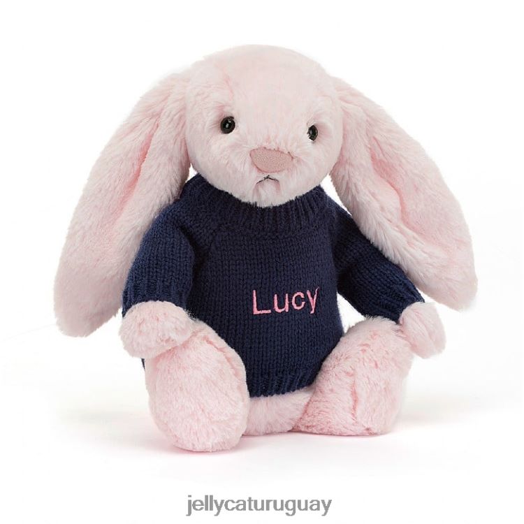 juguete Jellycat Conejito rosa tímido con jersey azul marino personalizado rosa bebé T88T62398