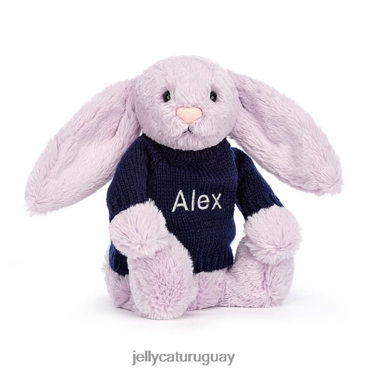 juguete Jellycat conejito tímido con jersey azul marino personalizado lila T88T62453