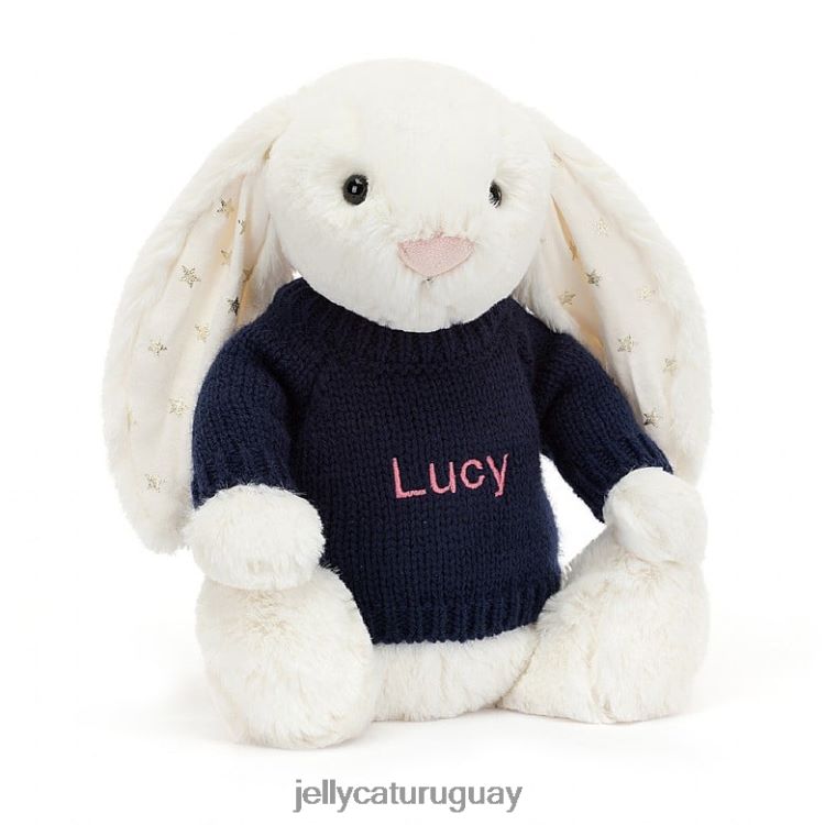 juguete Jellycat conejito tímido y centelleante con jersey azul marino personalizado color crema T88T62312
