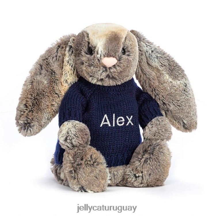 juguete Jellycat tímido conejito de cola de algodón con jersey azul marino personalizado gris T88T62397
