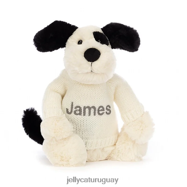 juguete Jellycat Cachorro tímido negro y crema con jersey crema personalizado en blanco y negro T88T62256