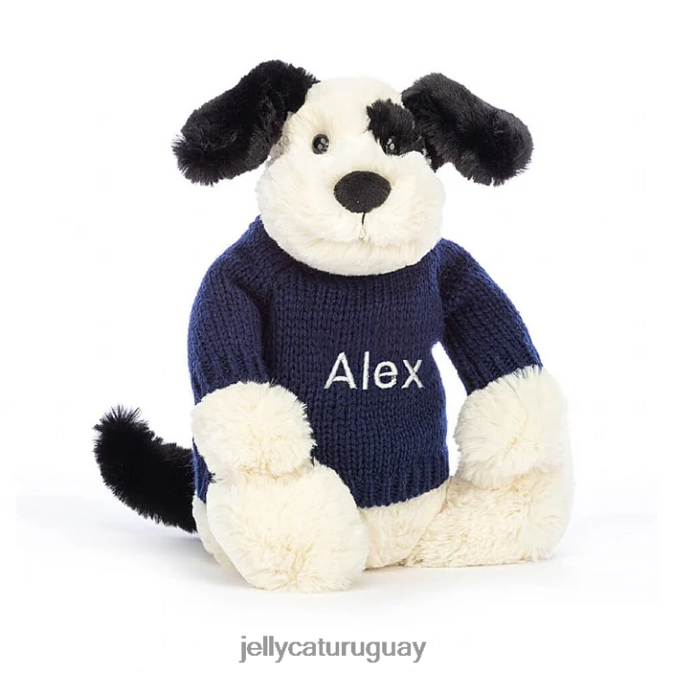 juguete Jellycat tímido cachorro negro y crema con jersey azul marino personalizado en blanco y negro T88T62282