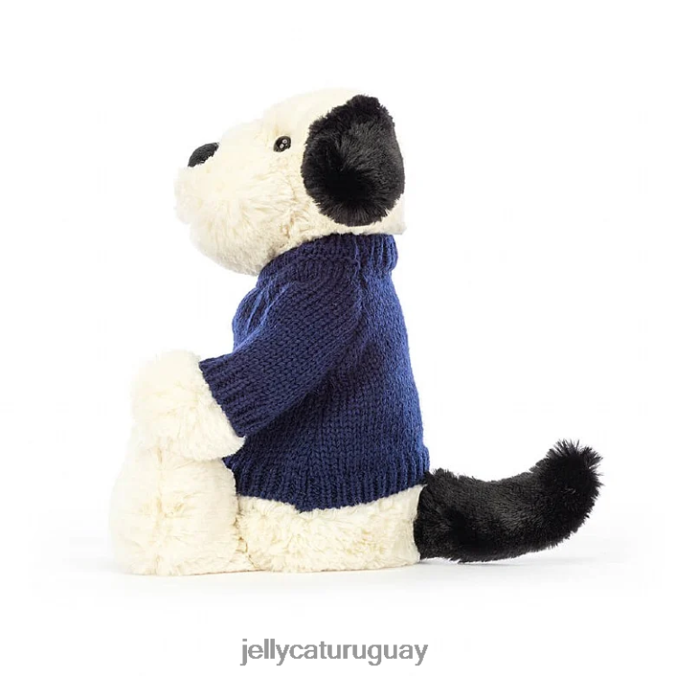 juguete Jellycat tímido cachorro negro y crema con jersey azul marino personalizado en blanco y negro T88T62282