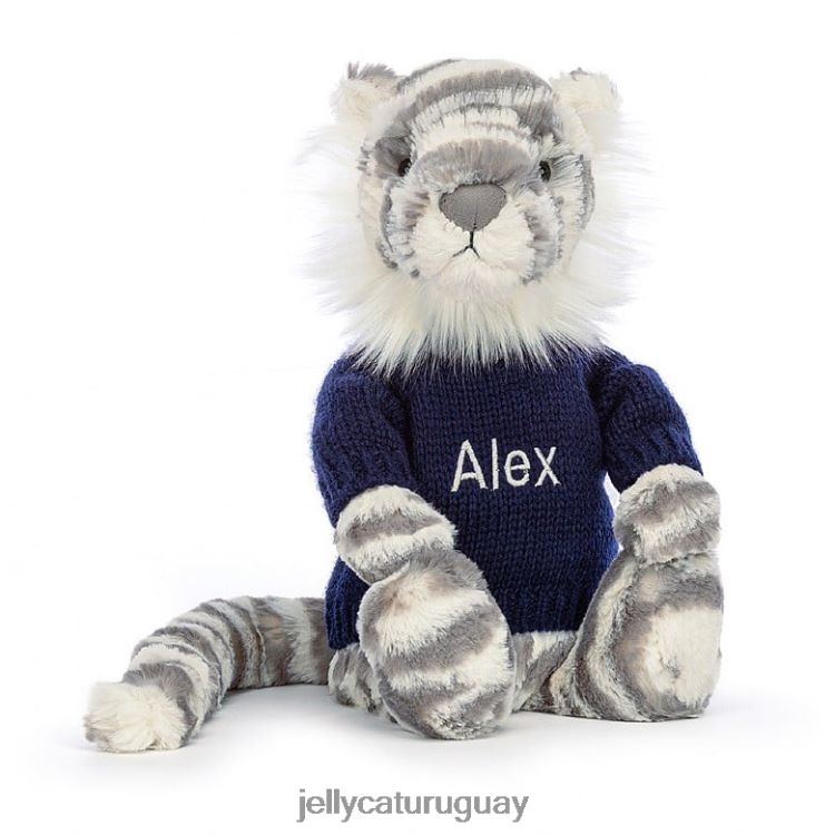 juguete Jellycat tímido tigre de las nieves con jersey azul marino personalizado gris y blanco T88T62579